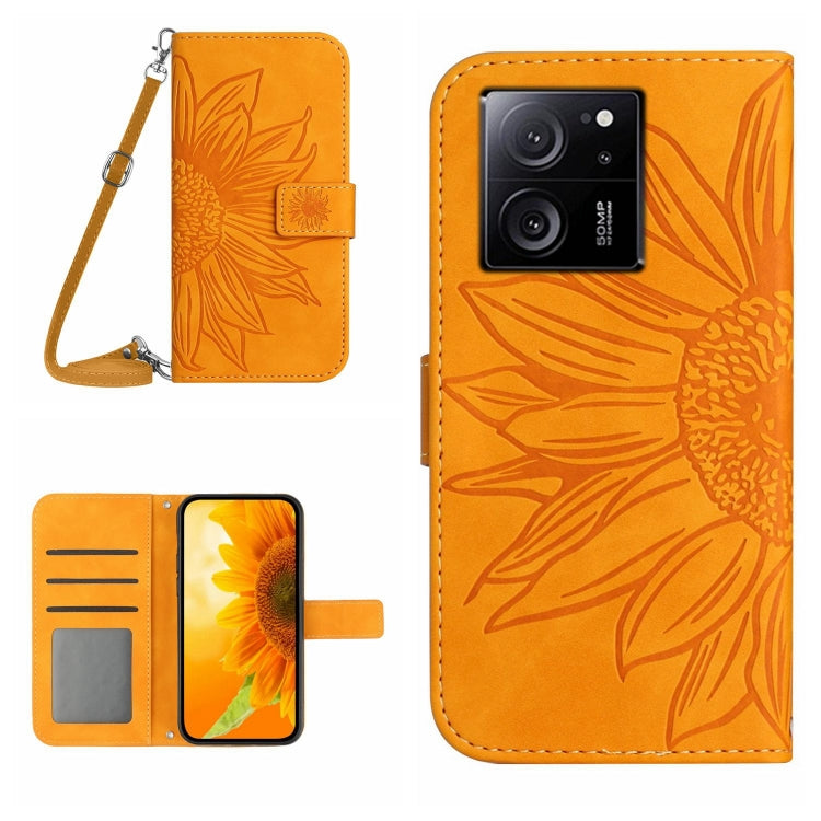 Orange embossed flower flip leather phone case with lanyard, card slots, and magnetic flap