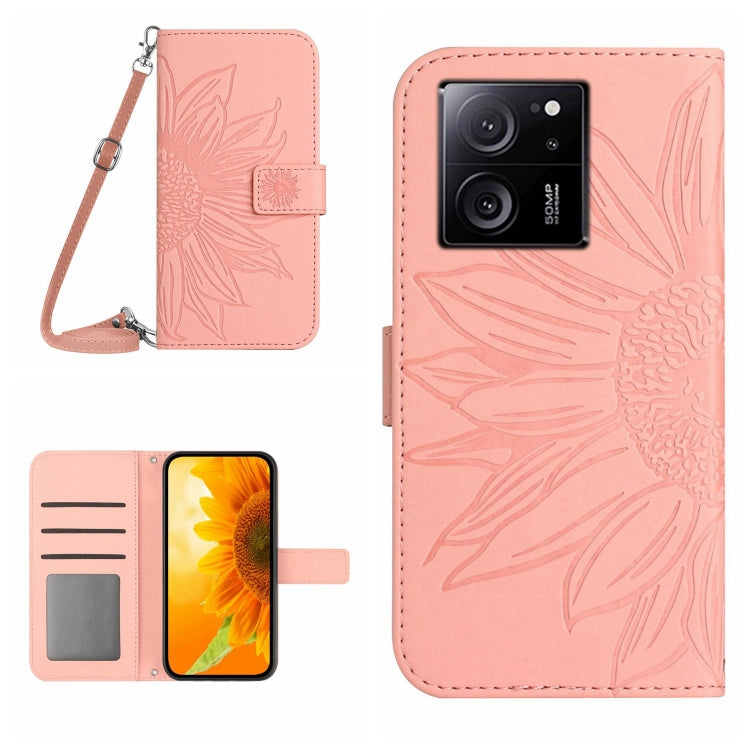 Light pink embossed flower flip leather phone case with lanyard, card slots, and magnetic flap