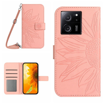 Light pink embossed flower flip leather phone case with lanyard, card slots, and magnetic flap