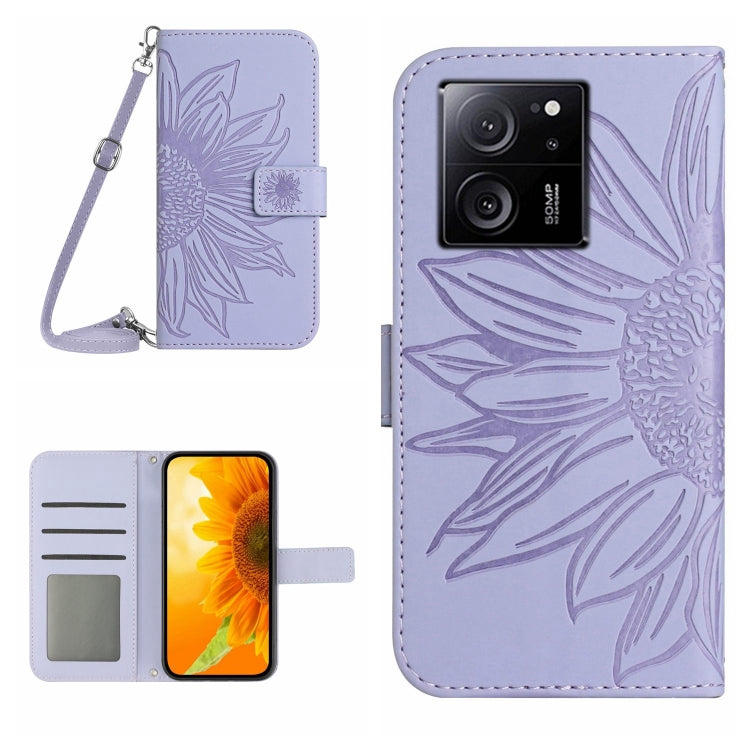 Lavender embossed flower flip leather phone case with lanyard, card slots, and magnetic flap