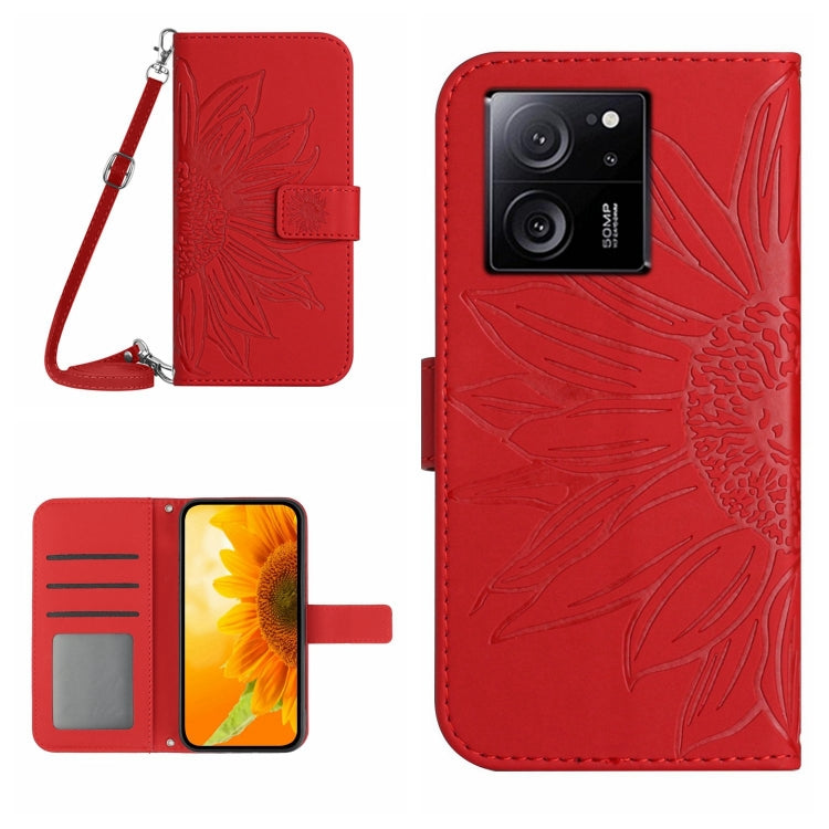 Red embossed flower flip leather phone case with lanyard, card slots, and magnetic flap