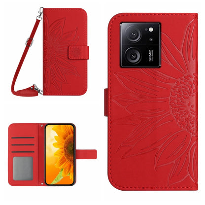 Red embossed flower flip leather phone case with lanyard, card slots, and magnetic flap