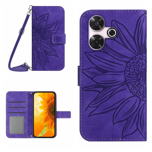 Purple embossed sunflower flip phone case with lanyard strap and wallet card slot