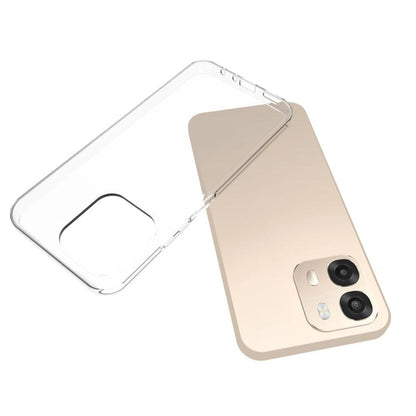 Transparent TPU phone case covering a beige phone with dual camera cutout