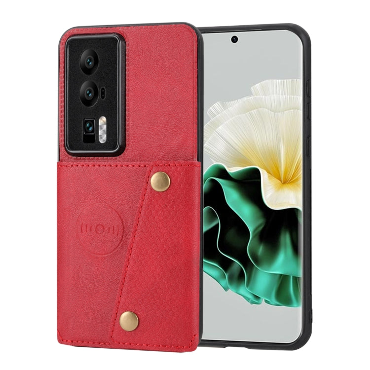 Red magnetic folio phone case with flip cover, gold snaps, and camera cutout; phone visible