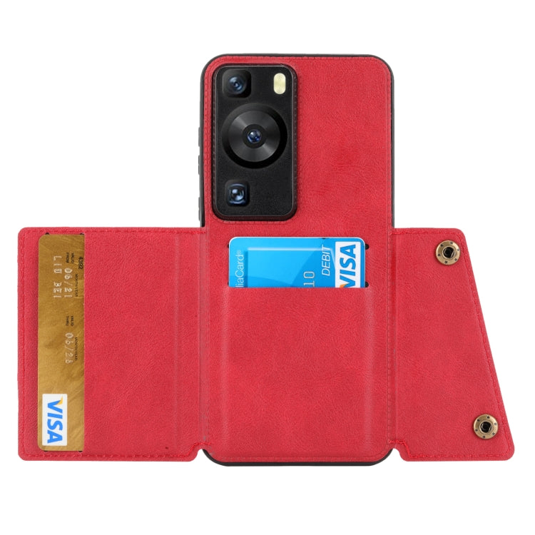 Red folio phone case with card slots; Visa and ID cards shown in side pockets