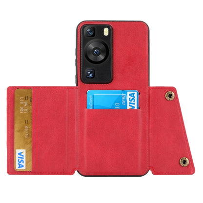 Red folio phone case with card slots; Visa and ID cards shown in side pockets