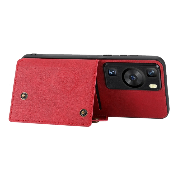 Red flip phone case with camera cutout and magnetic clasp; front cover with snap button