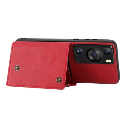 Red flip phone case with camera cutout and magnetic clasp; front cover with snap button
