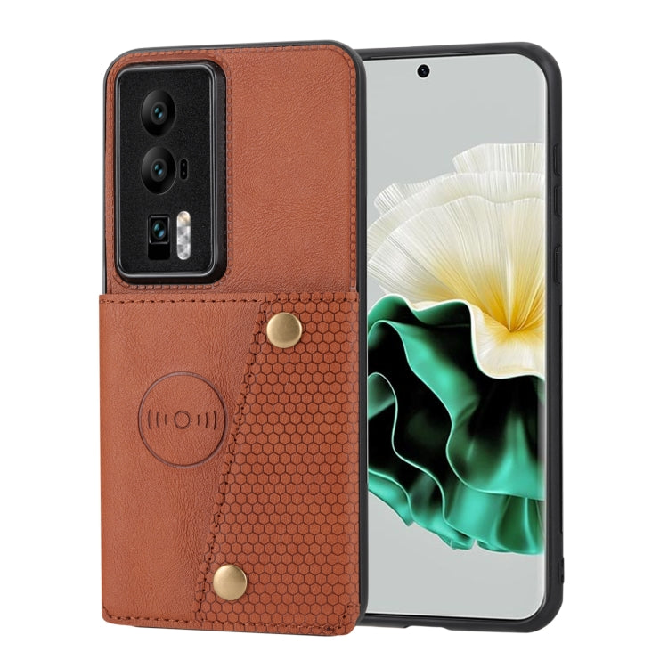 Brown magnetic folio phone case with textured panel and gold snap buttons; phone screen visible