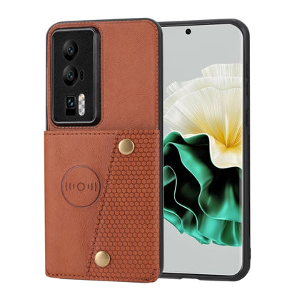 Brown magnetic folio phone case with textured panel and gold snap buttons; phone screen visible