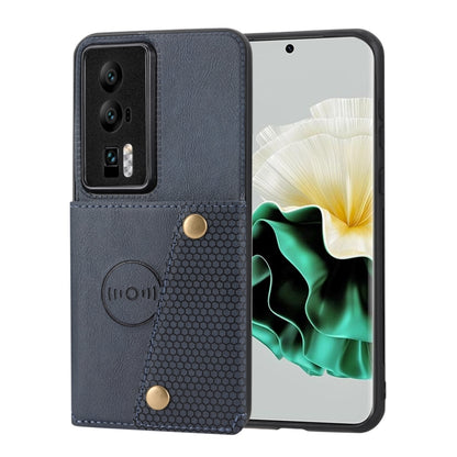Grey magnetic folio phone case with textured side and gold snap buttons; phone screen visible