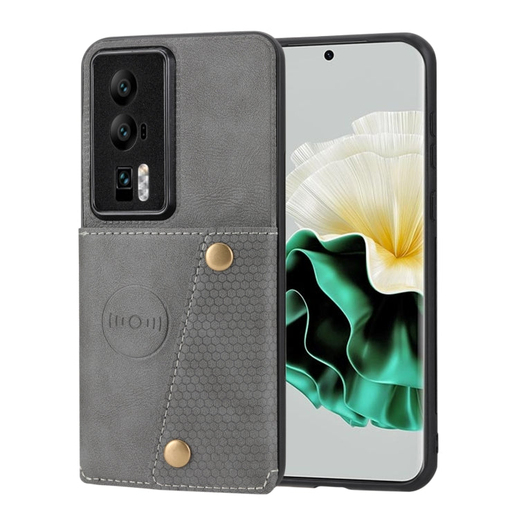 Dark grey magnetic folio phone case with textured panel and gold-toned snap buttons