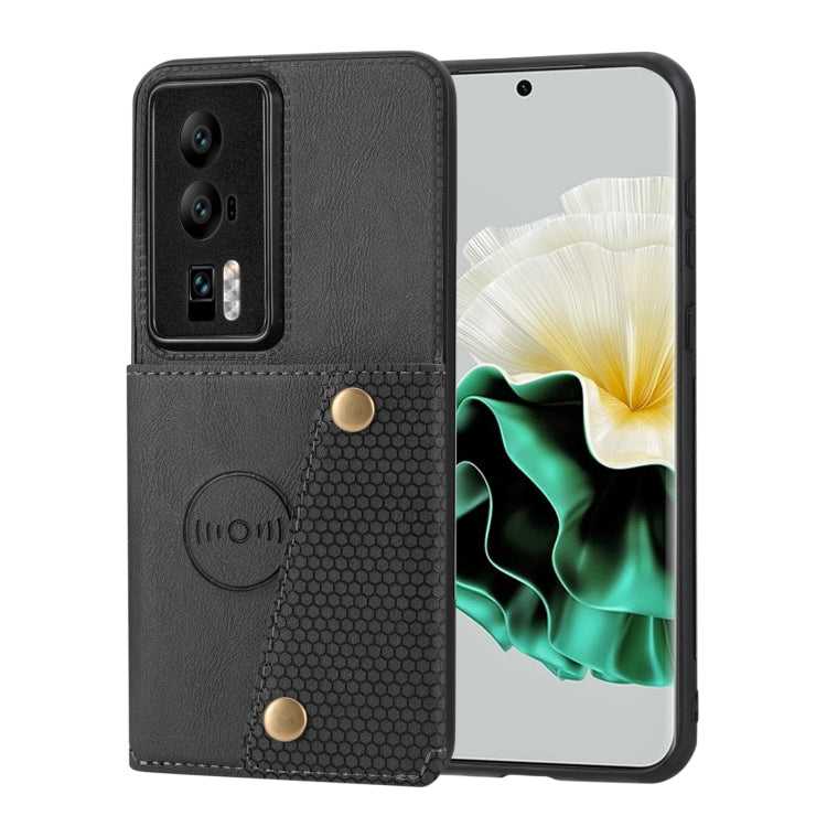 Black magnetic folio phone case with textured panel and gold snap buttons; phone screen visible