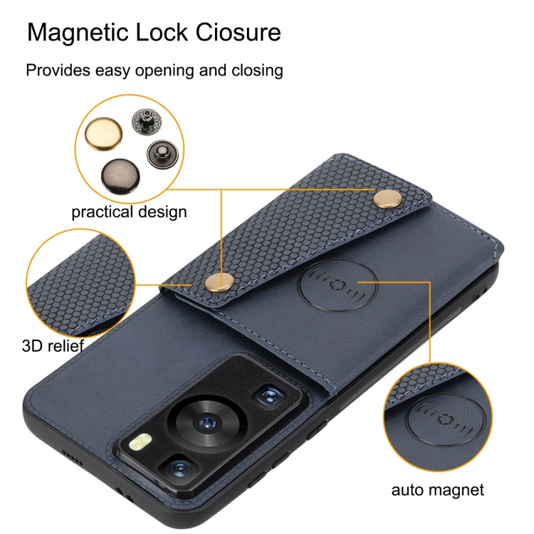 Navy magnetic folio phone case with 3D relief and magnetic lock closure; gold snap button