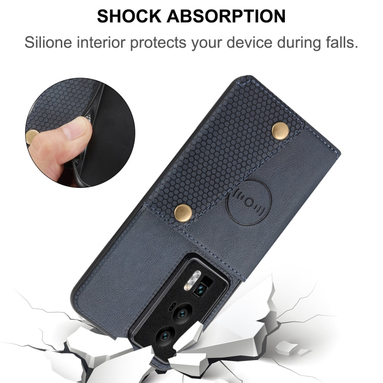 Navy shock-absorbing folio phone case with textured back and gold snap button