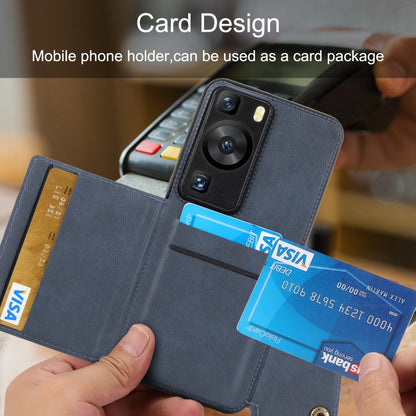 Navy folio phone case with built-in card holder; card slots shown in folded cover