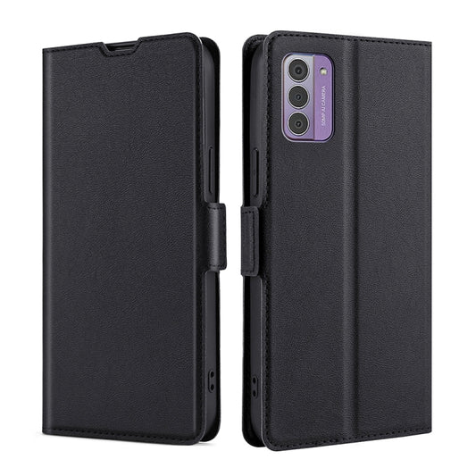 Black leather flip phone case with side buckle, front cover open and back shown