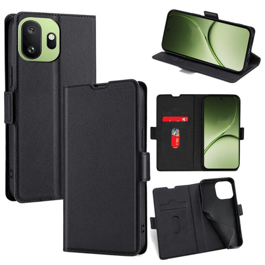 Black wallet phone case with side buckle and card slots, fold-out stand view