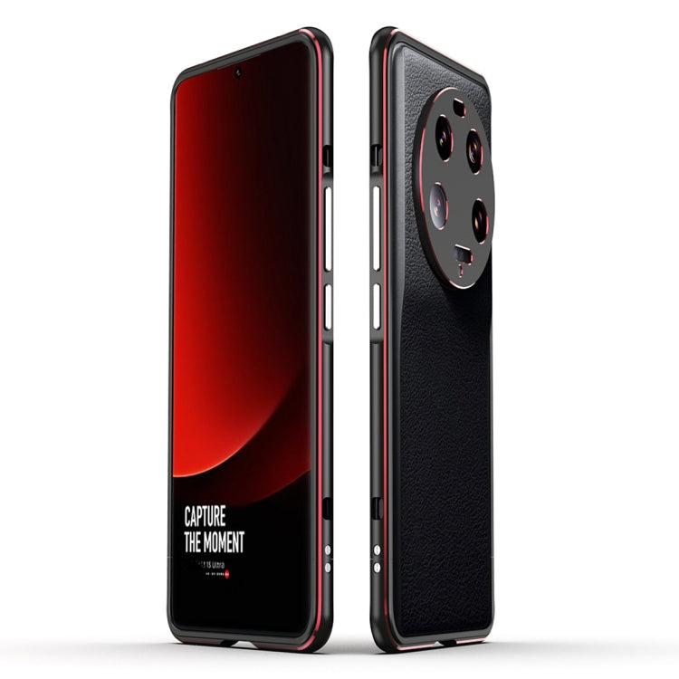 Phone case with metal frame and lens cover, black design with red accents