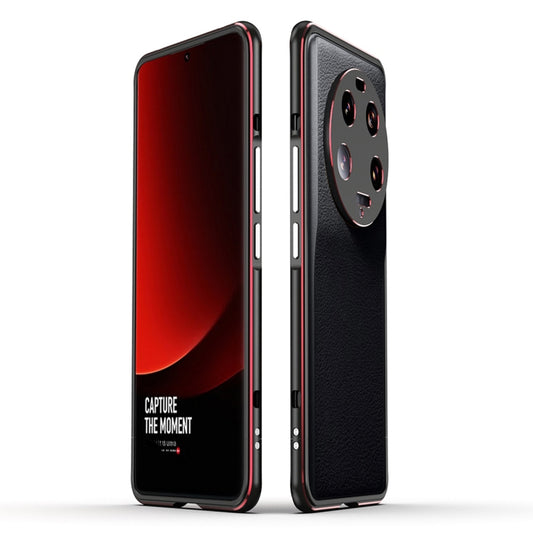 Phone case with metal frame and lens cover, black design with red accents