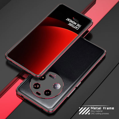 Phone case with metal frame and lens cover, black with red trim and textured back