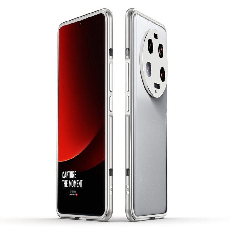 Phone case with metal frame and lens cover, silver-white finish with camera lens cover
