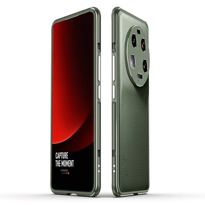 Phone case with metal frame and lens cover, green textured back with camera cover