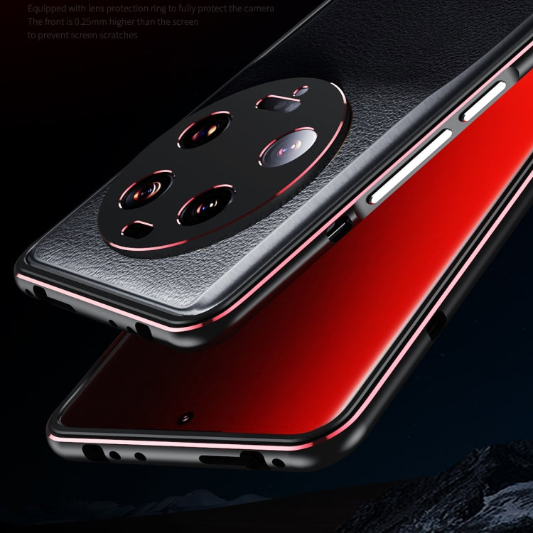 Phone case close-up: textured black back, metal lens cover with red trim