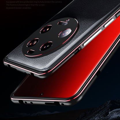 Phone case close-up: textured black back, metal lens cover with red trim