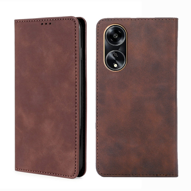 Dark brown leather magnetic phone case with dual camera cutout and side stitching.
