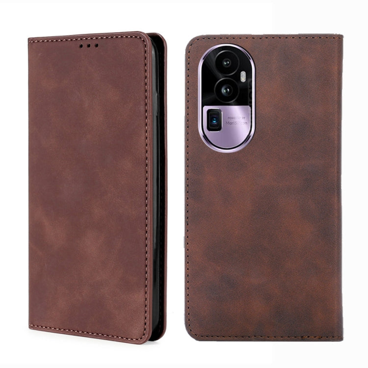 Light brown leather magnetic phone case with dual camera cutout and stitched edges.