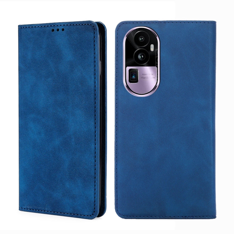 Blue leather magnetic phone case with dual camera cutout and port openings.