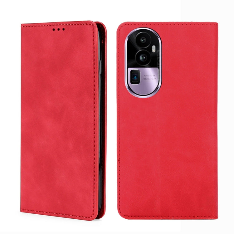 Red leather magnetic phone case with dual camera cutout and stitched front flap.