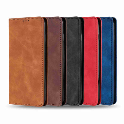 Magnetic leather flip phone case assortment in brown, purple, black, red, and blue