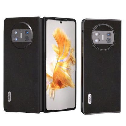 Black leather folding phone case open with inner screen cover and camera cutouts.