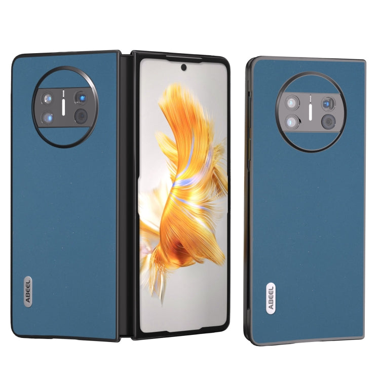 Blue genuine leather phone case with camera cutout, shown open and closed for foldable