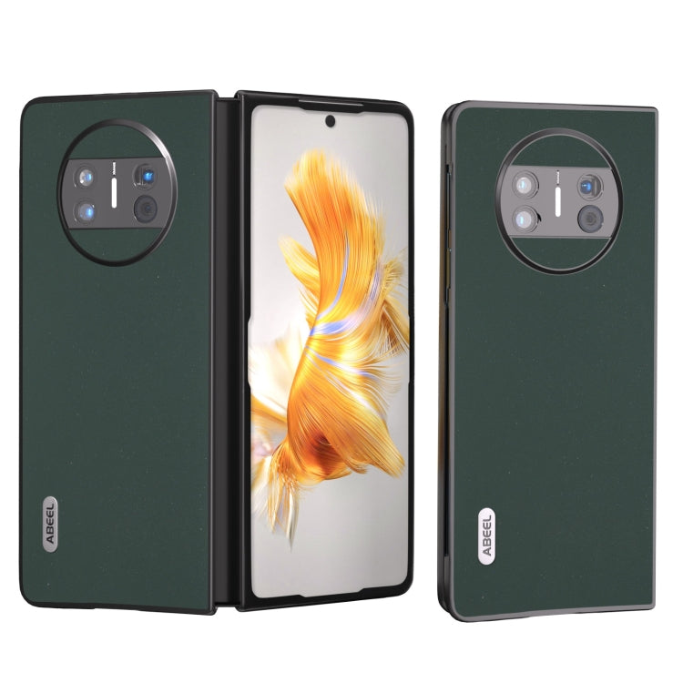Green genuine leather phone case with camera cutout, open and closed for foldable
