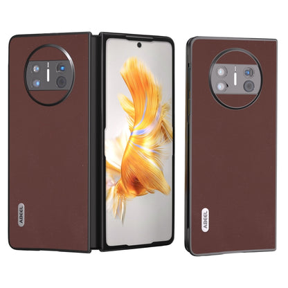 Brown genuine leather phone case with camera cutout, open and closed for foldable