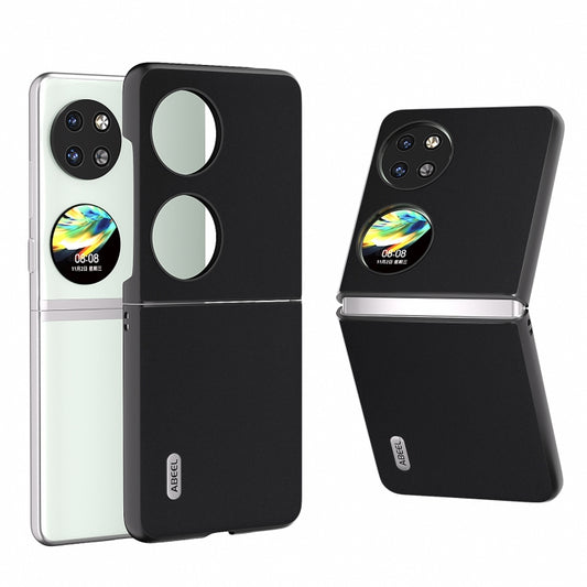 Black genuine leather folding phone case with hinge and camera cutout for foldables.