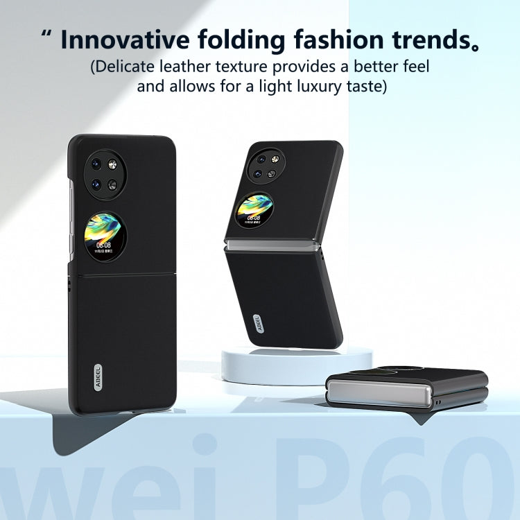 Black folding leather phone case with camera cutouts, shown folded and closed.