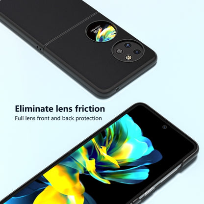 Black leather phone case close-up with camera module cutout and smooth finish.