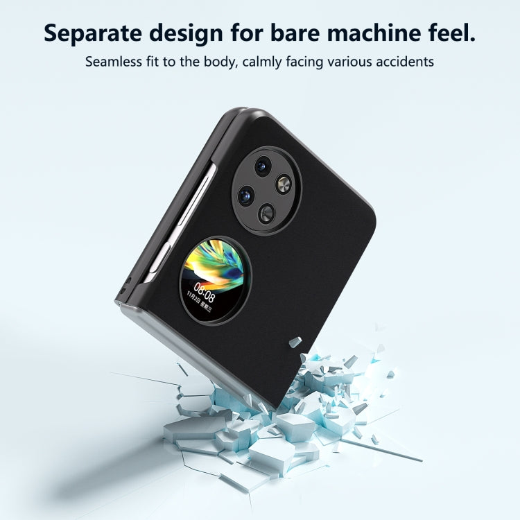 Black leather folding phone case with seamless fit, camera cutouts and hinge edge.
