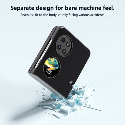 Black leather folding phone case with seamless fit, camera cutouts and hinge edge.