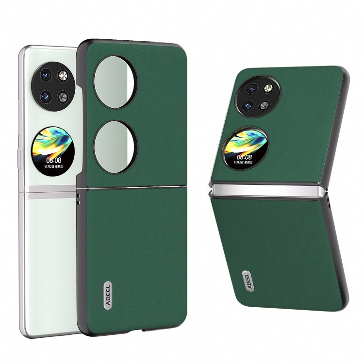 Green genuine leather folding phone case with camera cutouts and hinge for foldables.