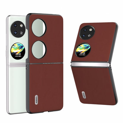 Coffee brown genuine leather folding phone case with camera cutouts and hinge for foldables.