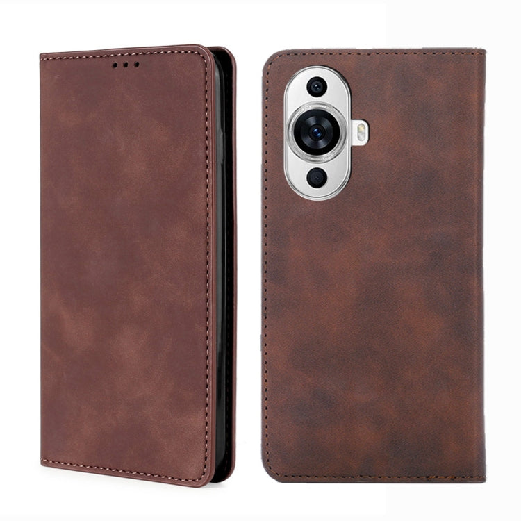 Dark brown magnetic leather phone case front and back view with camera cutout