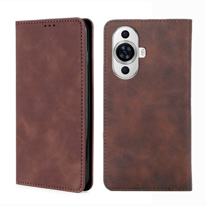 Dark brown magnetic leather phone case front and back view with camera cutout