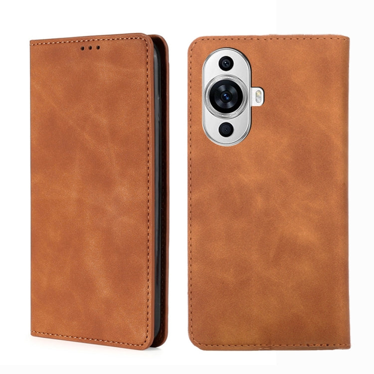 Light brown magnetic leather phone case front and back view with camera cutout