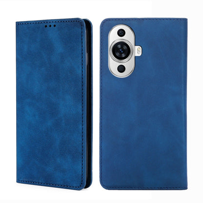 Blue leather phone case with dual camera cutout and stitched edges